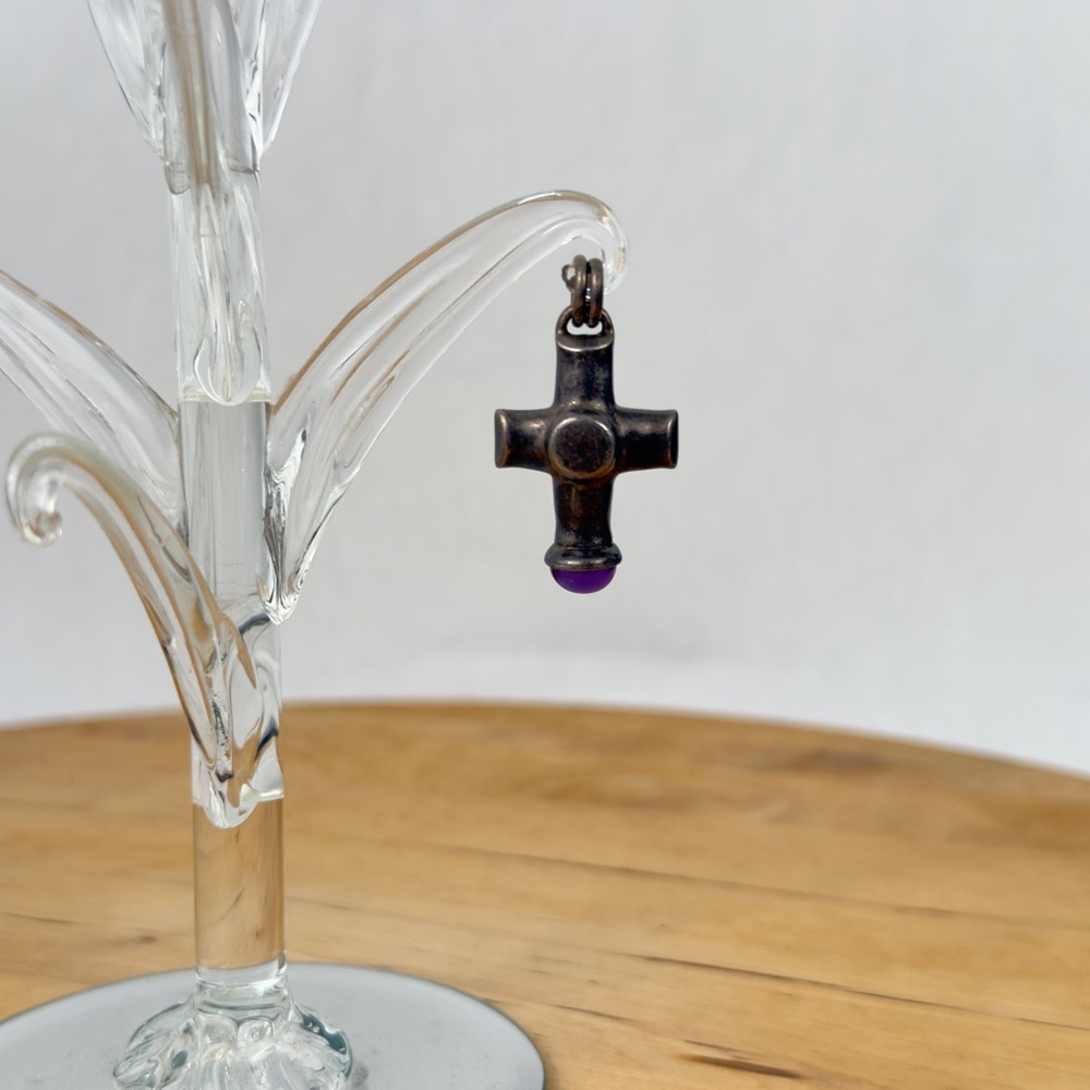 Brutalist Celtic Viking Style Chunky Sterling Silver Amethyst Cross Pendant - Picture 2 of 13